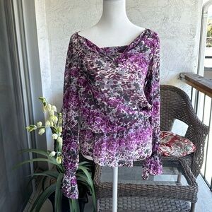Women’s Purple Sheer Blouse Elastic Waistline Size Small 100% Silk